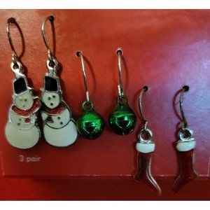 Christmas Earrings Holiday Snowman Green Christmas Balls Red Boots Set of 3